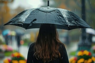 Solitary Woman Holding Umbrella, Mourning in Rain at a Funeral, Surrounded by Graves and Life’s Vibrant Colors.