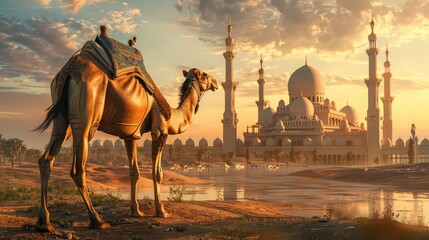 Magnificent mosque in the desert with a camel resting under the beautiful sky at sunset, calm desert atmosphere, Eid ul Adha, Eid ul fiter - obrazy, fototapety, plakaty