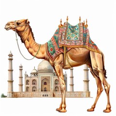 camel with mosque, Eid al adha, Eid ul adha, on isolated white background.