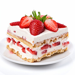A slice of strawberry cake on a white plate.
