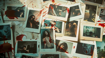 Crime Scene with Bloodstained Polaroid Photos