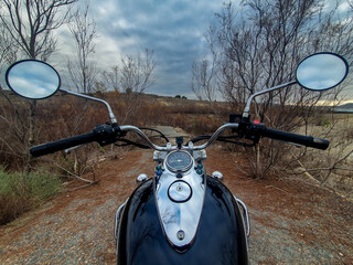 Manillar de motocicleta al anochecer en camino del bosque de árboles de ramas secas