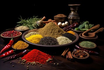 Spices and herbs on wooden background. Food and cuisine ingredients.