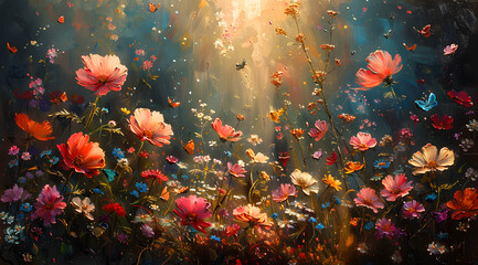 Fototapeta na wymiar Aura of Tranquility: Oil Painting Creates Dreamlike Atmosphere with Luminescent Flowers