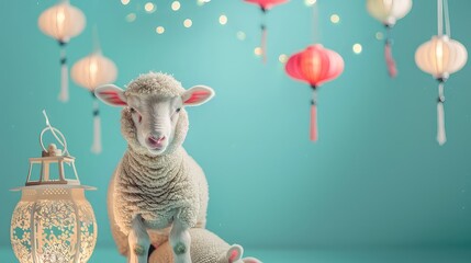 Easter Lamb/Sheep Cartoon Character - 3D Render with Blank Space Ramadan Kareem, Eid ul fiter, Eid ul adha