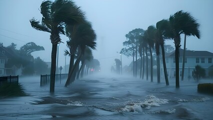 Palm trees bending in hurricane winds, causing flooding in residential area. Concept Hurricane Impact, Palm Trees, Flooding, Residential Area, Severe Weather - obrazy, fototapety, plakaty