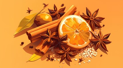 A vibrant 2d illustration showcasing the rich and aromatic star spice anise This organic seed is renowned for its delightful brown hue dry texture and its essential role as a flavorful food