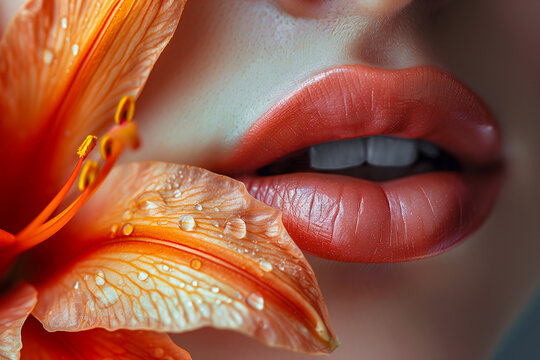 Macro close up female natural lips with bright orange flower petals, female beauty cosmetology concept