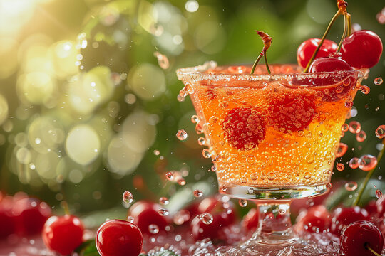 Cocktail glass of fresh drink with cherries on summer background
