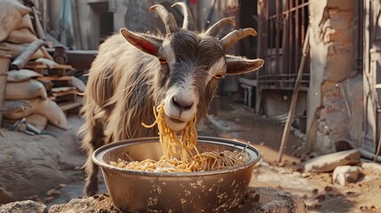 a goat eating spagatti from a large metal bowl in an Iraqi neighborhood, Eid ul Adha - obrazy, fototapety, plakaty