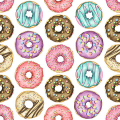 Seamless pattern with various multicolor round donuts with glaze and colorful topping isolated on white background. Watercolor hand drawn illustration