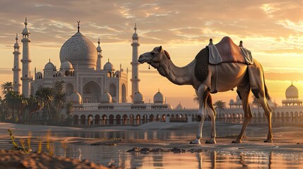 Camel standing on front mosque, Magnificent mosque in the desert with warm sunset light and a camel resting nearby, beautiful orange sky, Eid ul adha, Eid al Adha - obrazy, fototapety, plakaty