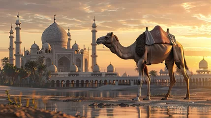 Foto op Plexiglas Camel standing on front mosque, Magnificent mosque in the desert with warm sunset light and a camel resting nearby, beautiful orange sky, Eid ul adha, Eid al Adha © Rozeena