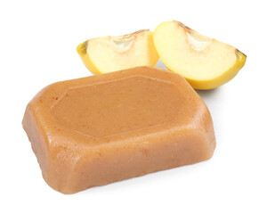 Delicious sweet quince paste and fresh cut fruit isolated on white