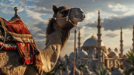 Foto op Plexiglas Camel standing on front mosque, Magnificent mosque in the desert with warm sunset light and a camel resting nearby, beautiful orange sky, Eid ul adha, Eid al Adha © Rozeena