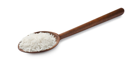 Raw basmati rice in spoon isolated on white
