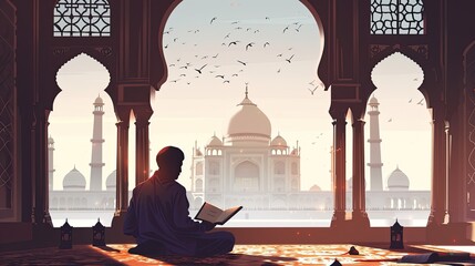 a muslim man in white traditional clothes sitting in a masjid on floor and reading Quran, Eid ul Fiter, Eid Ul Adha - obrazy, fototapety, plakaty