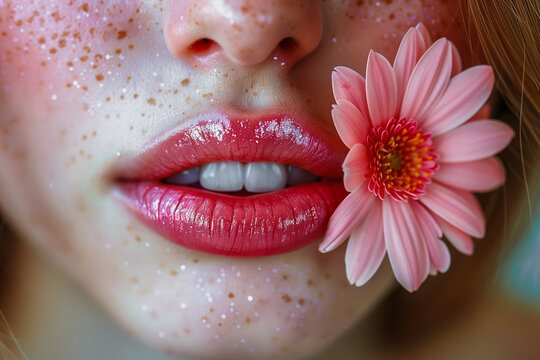 Macro close up female natural pink lips with bright flower petals, female beauty cosmetology concept
