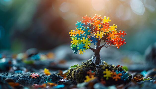 World Autism Awareness Day concept with a colorful puzzle tree representing support and understanding for individuals with autism. Suitable for mental health care, advocacy, and community events.