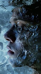 A man's face is distorted through the surface of water. - obrazy, fototapety, plakaty