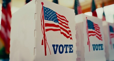 Fototapeta na wymiar Closeup of a US flag on empty, clean ballot boxes with 