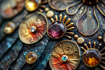 Macro shot of intricate jewelry design with gemstones. Vintage jewelry craftsmanship concept. Design for print and texture inspiration. Detail focus composition