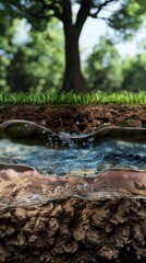 Obraz premium A 3D rendered animation of water flowing through different layers of soil, showing filtration and speaking to environmental scientists