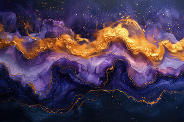 A digital art piece featuring swirling patterns of dark purple and gold, resembling flowing liquid marble with golden veins. Created with Ai