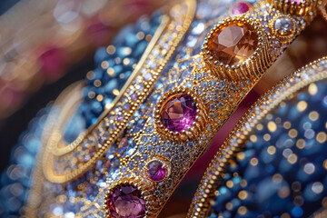 Obraz premium Macro shot of golden jewelry with pink gemstones and sparkling accents. Luxury fashion accessories concept. Design for textile and print inspiration. High-detail jewelry composition