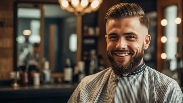 Smiling man in a barbershop chair concept