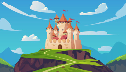 Summer landscape of kingdom vector illustration, road to fairy tale castle on hill, cartoon medieval palace in mountains © sabelskaya