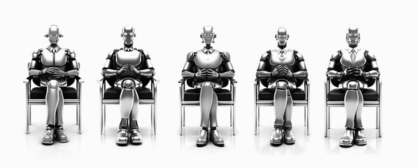 Portrait of creative, perfect AI robots team in suit, androids for business, text, music and image generation.. AI wait of job concept.
