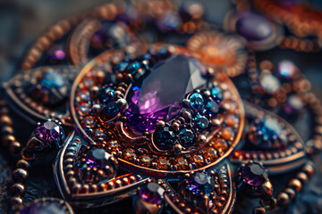 Macro shot of ornate jewelry with amethyst and aquamarine gemstones. Elegant jewelry design concept. Design for textiles and print. Detailed craftsmanship composition