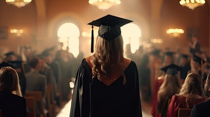 A graduate of a university, college or school receives his or her degree at a graduation ceremony. A crowd of students. Illustration for cover, card, interior design, poster, brochure or presentation. - obrazy, fototapety, plakaty