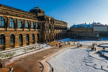 The baroque palatial complex Zwinger in Dresden on a cold winter day.