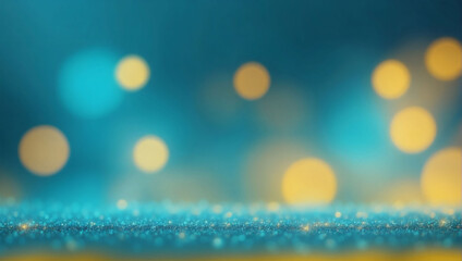 Abstract blur bokeh banner background. Turquoise blue bokeh on defocused mustard yellow background.