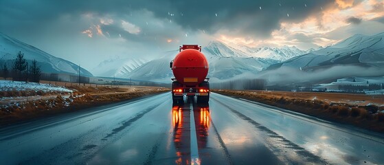Tanker truck driving on wet road representing transportation industry. Concept Transportation Industry, Tanker Truck, Wet Road, Driving, Delivery Services