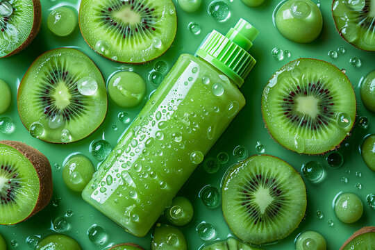 Bright green fruity kiwi shower gel bottle mockup on summer bright background with leaves. Copy space