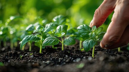 A gardener's hand gently nurturing young green sprouts in fertile soil, symbolizing care and growth in gardening.
