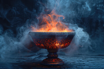 A large, ornate bowl filled with flames and smoke is placed on the ground in front. The flame rises from within the cup to create an aura around its surroundings. Created with Ai - obrazy, fototapety, plakaty