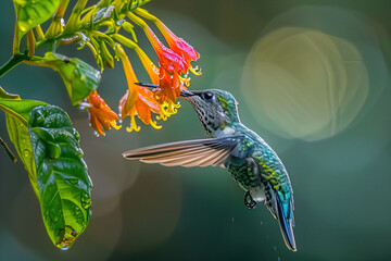 Close-up of a hummingbird in flight by orange trumpet flowers. Wildlife and botany concept. Design...