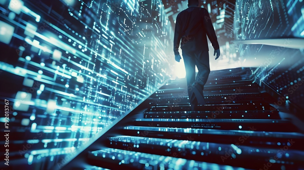 Wall mural man walking up a flight of stairs into the digital matrix of information technology (generative ai)