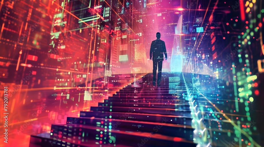 Wall mural man walking up a flight of stairs into the digital matrix of information technology (generative ai)