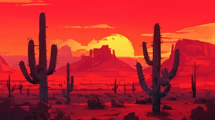 Kissenbezug The red desert sands stretch as far as the eye can see adorned with the iconic cacti that thrive in this barren landscape And as the sun dips low on the horizon casting a crimson hue over t © AkuAku