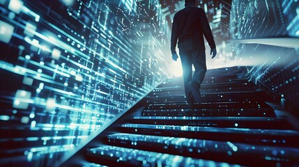 Man Walking Up A Flight Of Stairs Into The Digital Matrix Of Information Technology (Generative AI)