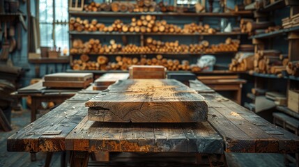 A close up of a wooden table in a wood shop. - obrazy, fototapety, plakaty