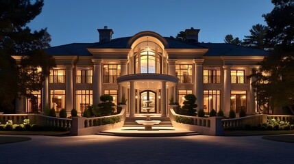 3D rendering of a beautiful mansion at night with a garden.