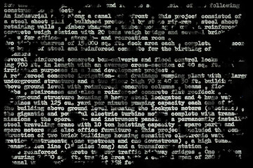 Text written on an old typewriter, partly blurred and black and white negative. It is part of a resume of a civil engineer who has worked in the sixties in South America. Meant as text background