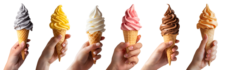 Collection of hand holding Soft serve Yoghurt Ice cream swirl on waffle cone on transparent background cutout, PNG file. Many assorted different flavour Mockup template for artwork design.	
