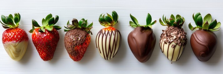Assorted strawberries dipped in various chocolates on white background. banner - obrazy, fototapety, plakaty